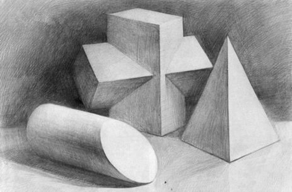 素描幾何體組合教程:十字架、圓柱切面、錐體組合