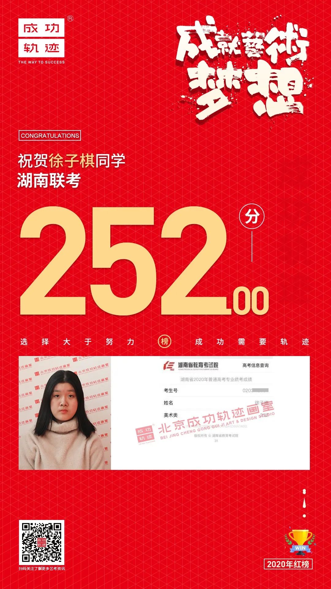北京成功軌跡畫室湖南聯(lián)考徐子棋同學(xué)成績