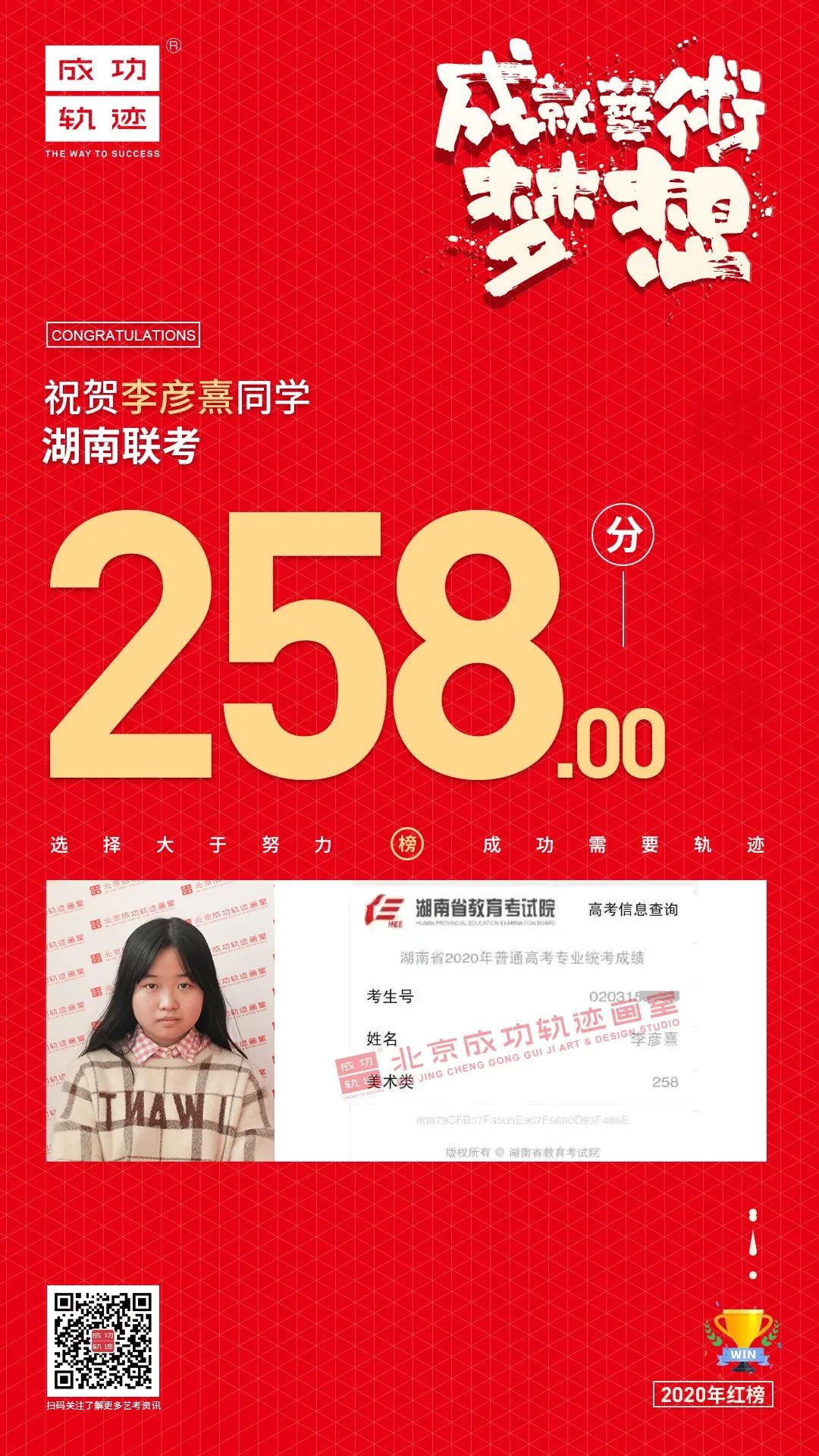 北京成功軌跡畫室湖南聯(lián)考李彥熹同學(xué)成績