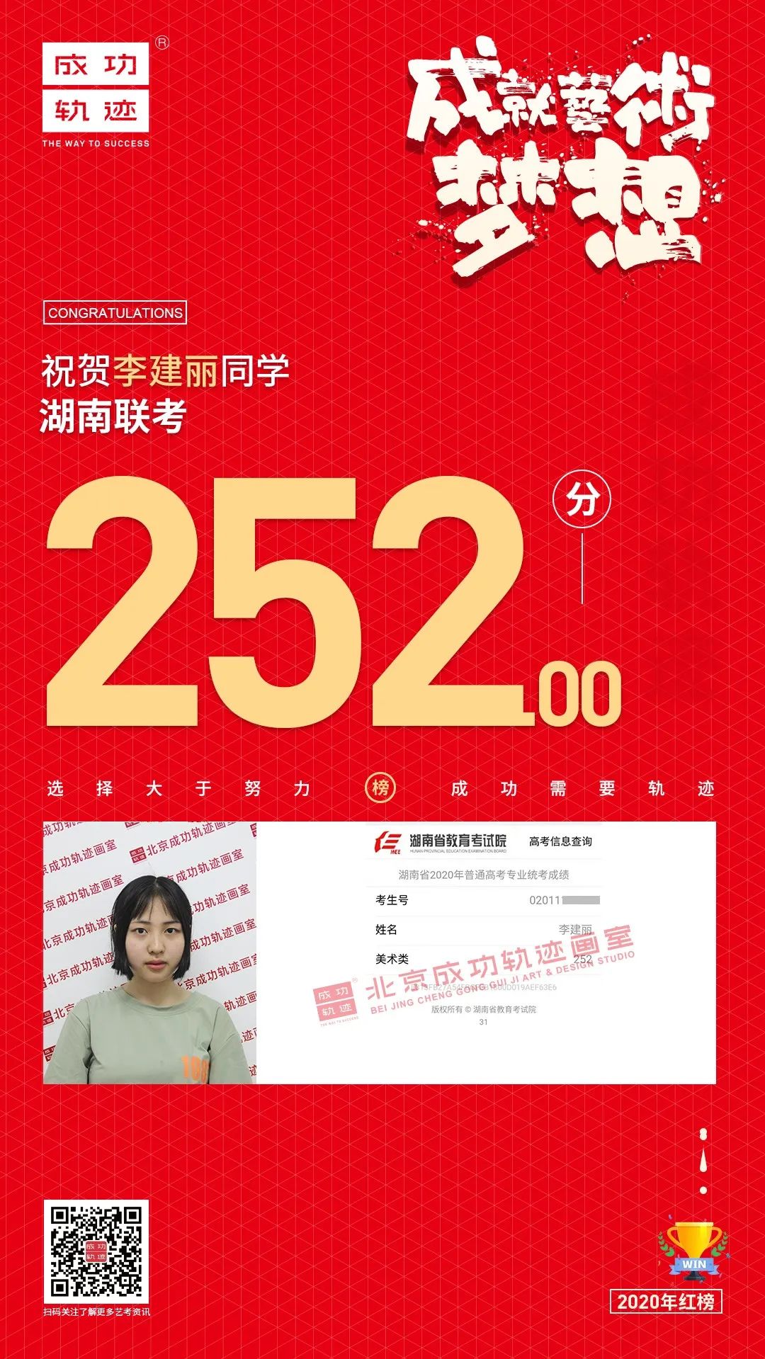 北京成功軌跡畫室湖南聯(lián)考李建麗同學(xué)成績
