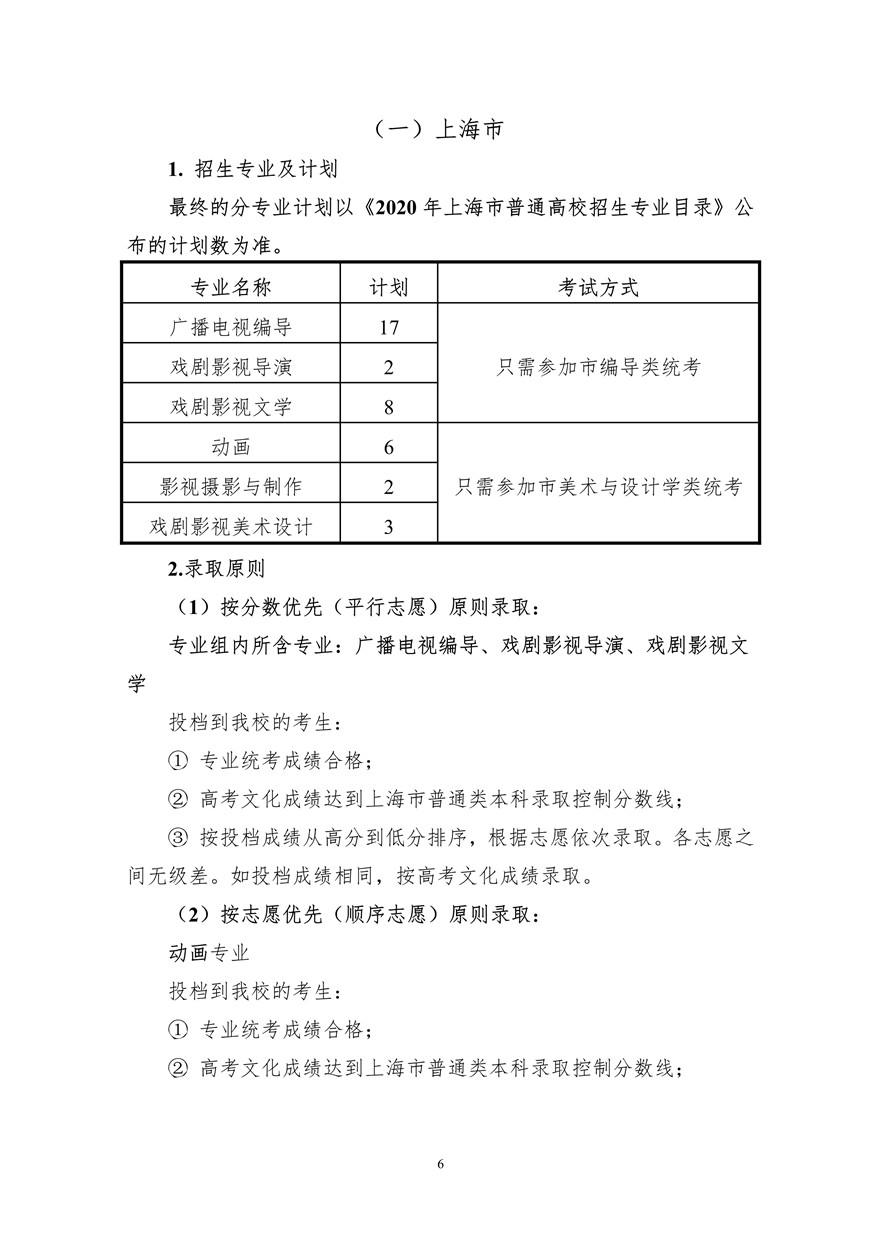 上海大學(xué)上海電影學(xué)院2020年藝術(shù)類?？颊猩喺抡{(diào)整版